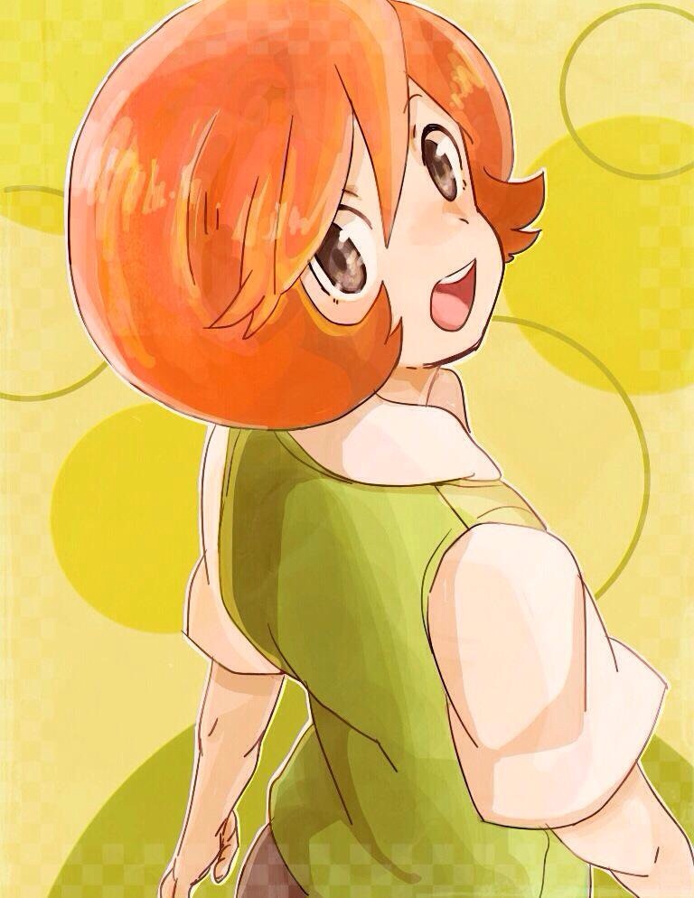 1boy :d aoya_(ayoyame18) from_above grey_eyes looking_at_viewer male_focus open_mouth orange_hair patterned_background pokemon pokemon_(game) pokemon_xy smile solo toroba_(pokemon) upper_body