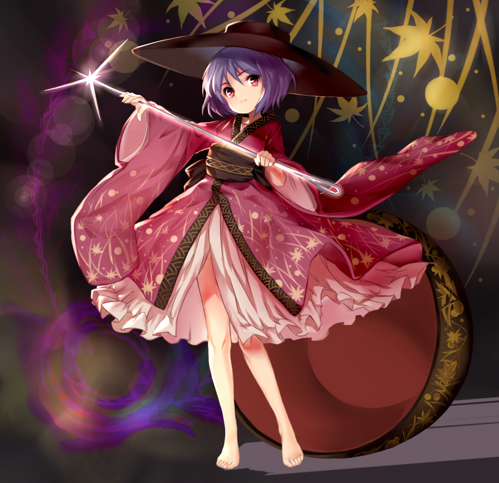 1girl barefoot bowl closed_mouth dress ehart frilled_skirt frills full_body hat holding japanese_clothes kimono lavender_hair long_sleeves looking_at_viewer minigirl needle obi object_on_head purple_hair red_eyes sash short_hair skirt solo sparkle sukuna_shinmyoumaru tiptoes touhou wide_sleeves