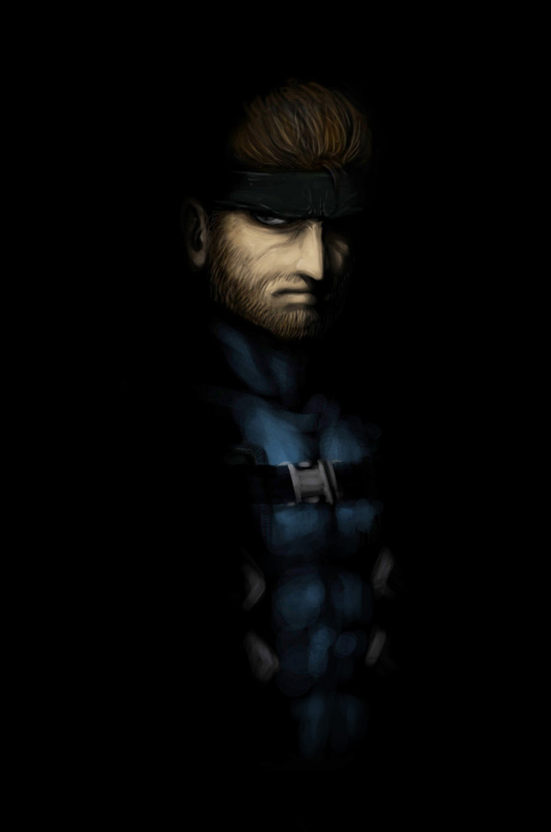 1boy abs bandanna beard bekio brown_hair chiaroscuro facial_hair frown highres male_focus metal_gear_(series) metal_gear_solid metal_gear_solid_2 muscle smile solid_snake solo strap upper_body