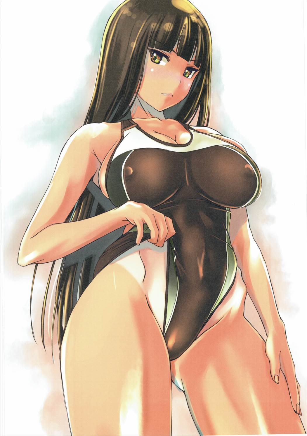 1girl adjusting_clothes adjusting_swimsuit bangs black_swimsuit blunt_bangs breasts brown_eyes brown_hair cleavage closed_mouth competition_swimsuit cowboy_shot girls_und_panzer highres large_breasts lifted_by_self long_hair looking_at_viewer mature nenchi nishizumi_shiho one-piece_swimsuit one-piece_tan scan simple_background solo standing swimsuit tan tanline white_background
