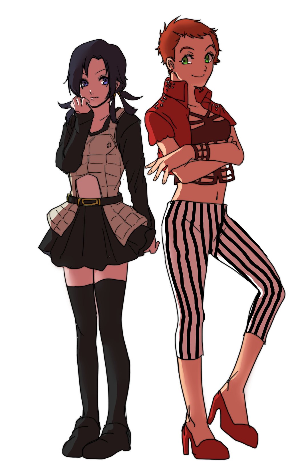 2girls black_hair capri_pants cropped_jacket earrings female formaggio genderswap genderswap_(mtf) green_eyes high_heels highres illuso jewelry jojo_no_kimyou_na_bouken kuroi_kemono miniskirt multiple_girls navel orange_hair pants pleated_skirt quad_tails short_hair skirt smile striped striped_pants thigh-highs very_short_hair violet_eyes zettai_ryouiki