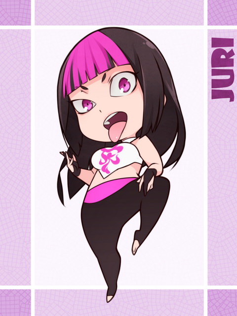 1girl alternate_costume alternate_hairstyle barefoot character_name chibi han_juri looking_at_viewer multicolored_hair street_fighter street_fighter_v toeless_legwear tongue tongue_out two-tone_hair x-teal2