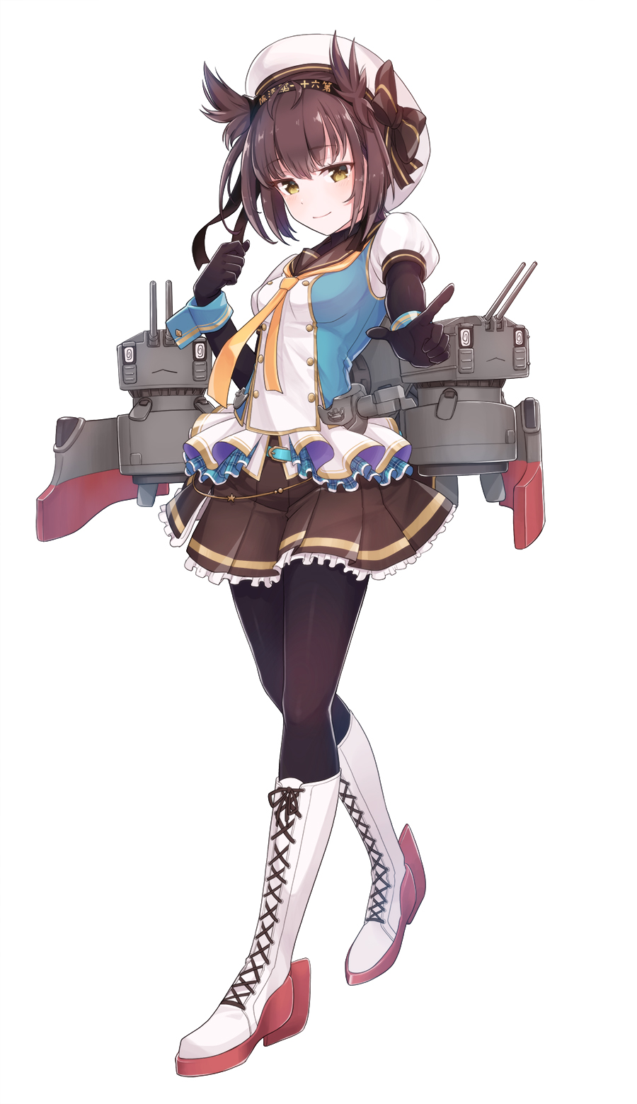 1girl adapted_costume alternate_costume beret black_gloves black_hair black_skirt blush bodysuit boots brown_eyes clothes_writing gloves hair_flaps hairband hat hatsuzuki_(kantai_collection) highres idol kantai_collection knee_boots konnyaku_(kk-monmon) looking_at_viewer machinery neckerchief pleated_skirt pointing puffy_short_sleeves puffy_sleeves sailor_collar short_hair short_sleeves simple_background skirt smile solo white_background