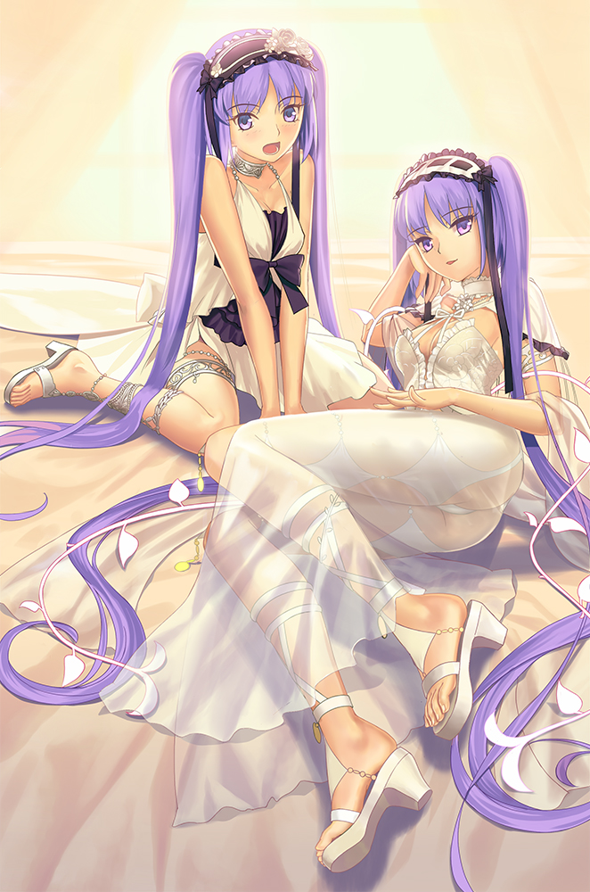 2girls arm_support ass bare_shoulders bed_sheet breasts capelet choker cleavage collarbone dress euryale fate/grand_order fate/hollow_ataraxia fate_(series) feet frills hair_ribbon hairband jewelry lolita_hairband long_hair lying multiple_girls open_mouth purple_hair ribbon sandals see-through siblings sisters sitting small_breasts smile stheno thong toes tsukikanade twintails violet_eyes wariza white_dress