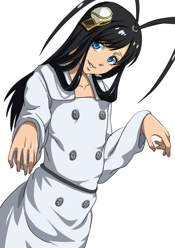 1boy anime_coloring antenna_hair black_hair bleach blue_eyes collarbone crossdressinging dress giselle_gewelle hat long_hair long_sleeves looking_at_viewer male_focus mini_hat namakemono_(u446644k) parted_lips smile solo trap wandenreich white_background white_dress