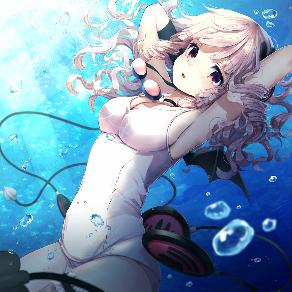 1girl arms_behind_head arms_up bat_wings blush breasts bubble commentary_request curly_hair drill_hair frills goggles goggles_around_neck headphones light_rays long_hair looking_at_viewer mahou_shoujo_ikusei_keikaku old_school_swimsuit one-piece_swimsuit parted_lips pink_eyes pink_hair school_swimsuit solo sunbeam sunlight swim_swim swimsuit thigh_strap underwater vsi0v white_school_swimsuit white_swimsuit wings