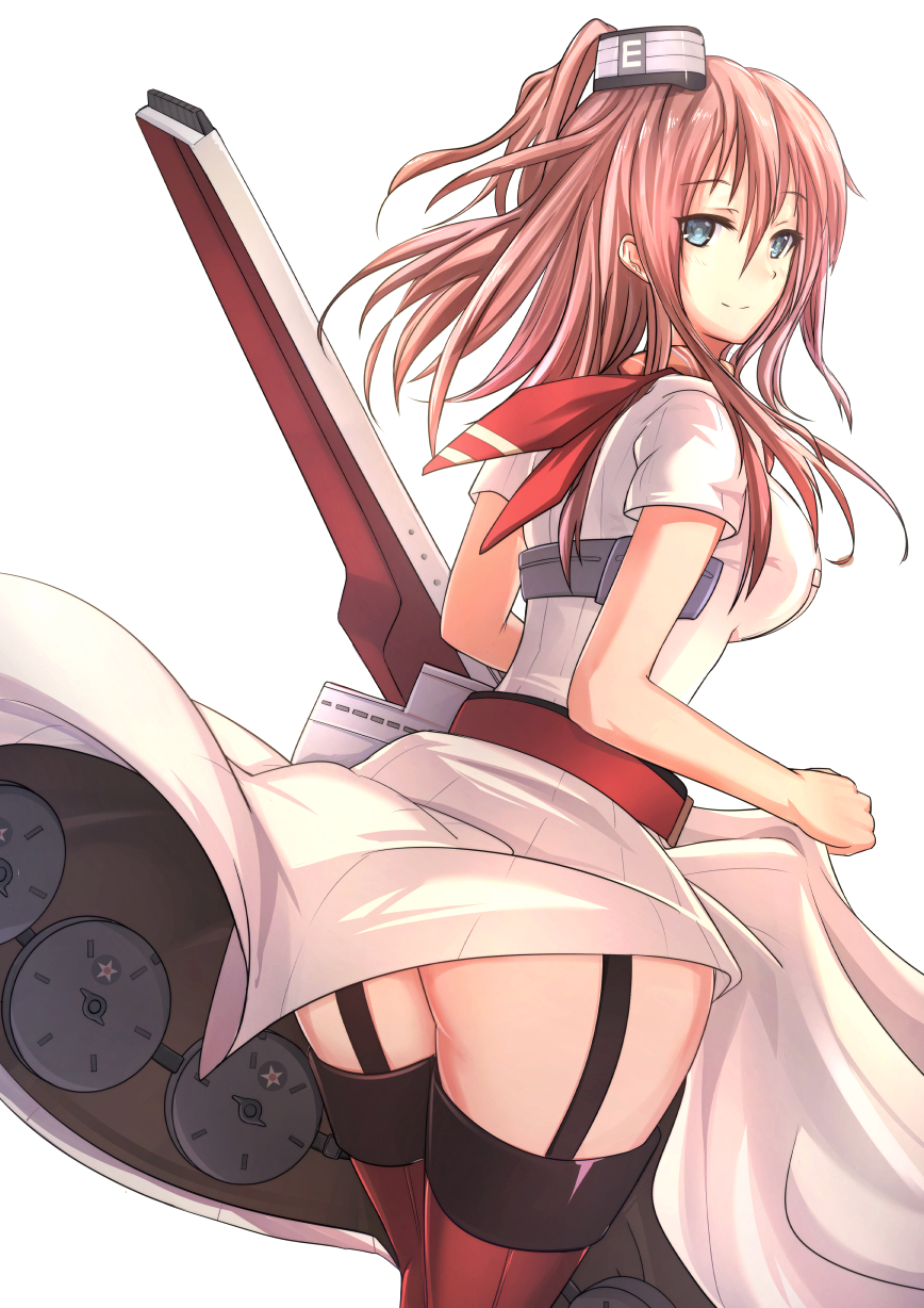 1girl antiqq ass back-seamed_legwear blouse breasts dress drum_magazine garter_straps green_eyes highres holding_skirt kantai_collection looking_at_viewer looking_back ponytail red_legwear red_neckerchief redhead saratoga_(kantai_collection) seamed_legwear skirt smile solo thigh-highs thighs white_blouse white_dress white_skirt