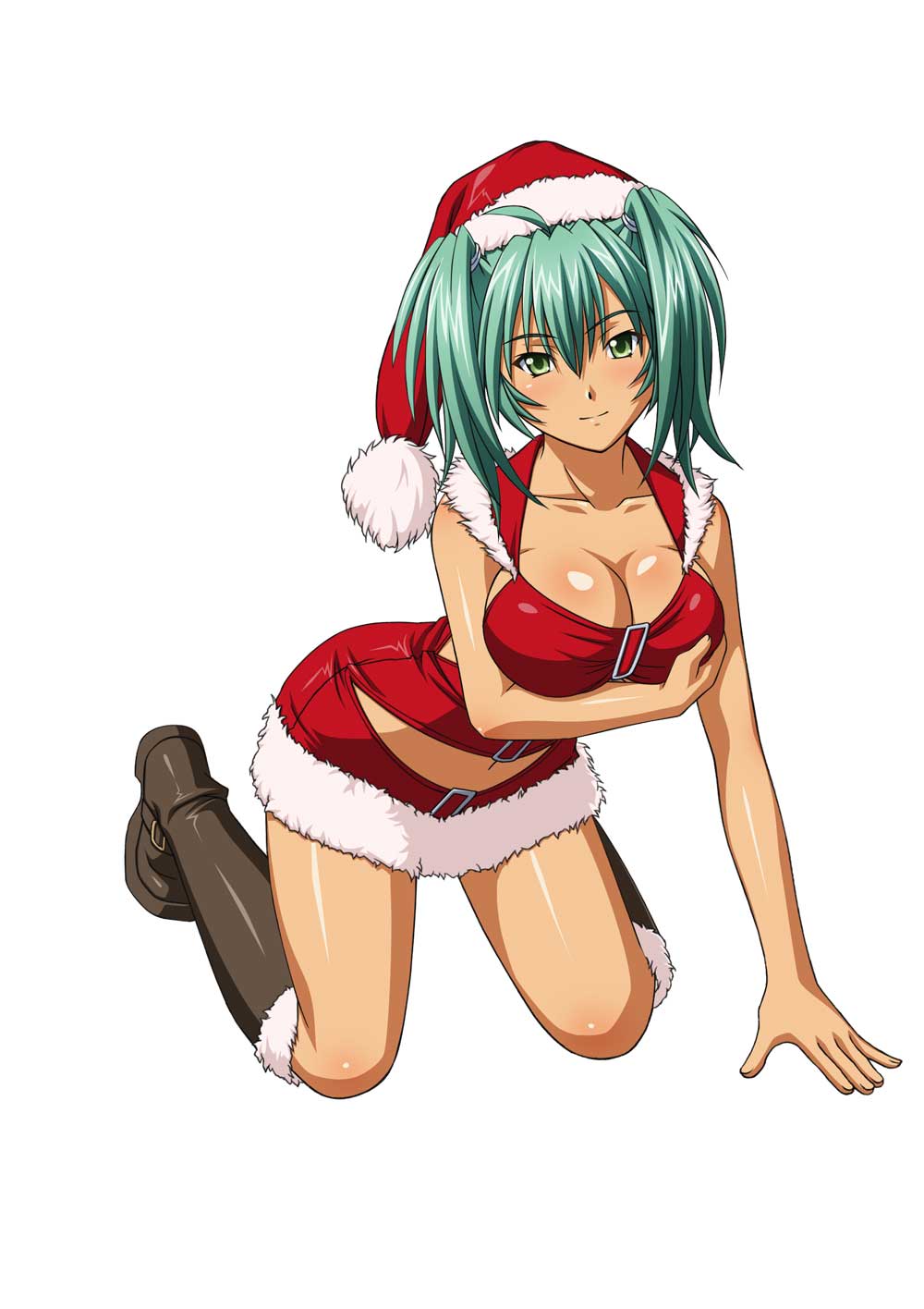 1girl boots breasts cleavage collarbone green_eyes green_hair hat highres ikkitousen kneeling large_breasts looking_at_viewer matching_hair/eyes navel red_hat ryofu_housen santa_costume santa_hat shiny shiny_skin simple_background smile solo white_background