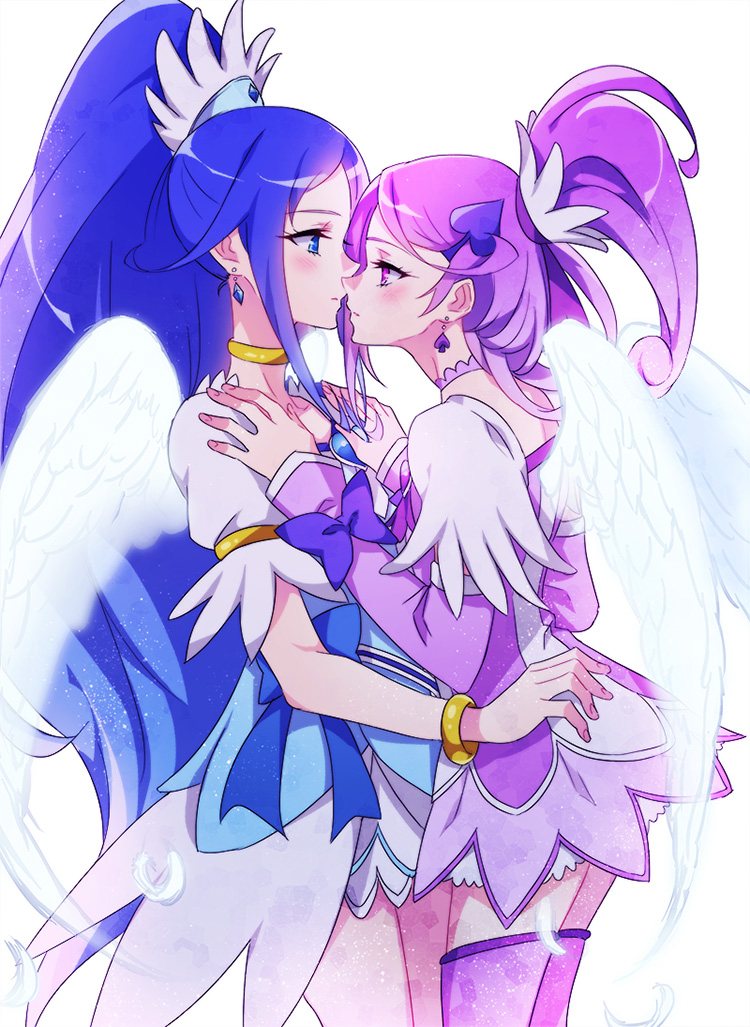 2girls blue_eyes blue_hair blush bracelet choker cure_diamond cure_sword dokidoki!_precure earrings eye_contact feathers hair_ornament hishikawa_rikka incipient_kiss jewelry kenzaki_makoto long_hair looking_at_another magical_girl multiple_girls negom ponytail precure purple_hair short_hair spade_earrings spade_hair_ornament violet_eyes yuri