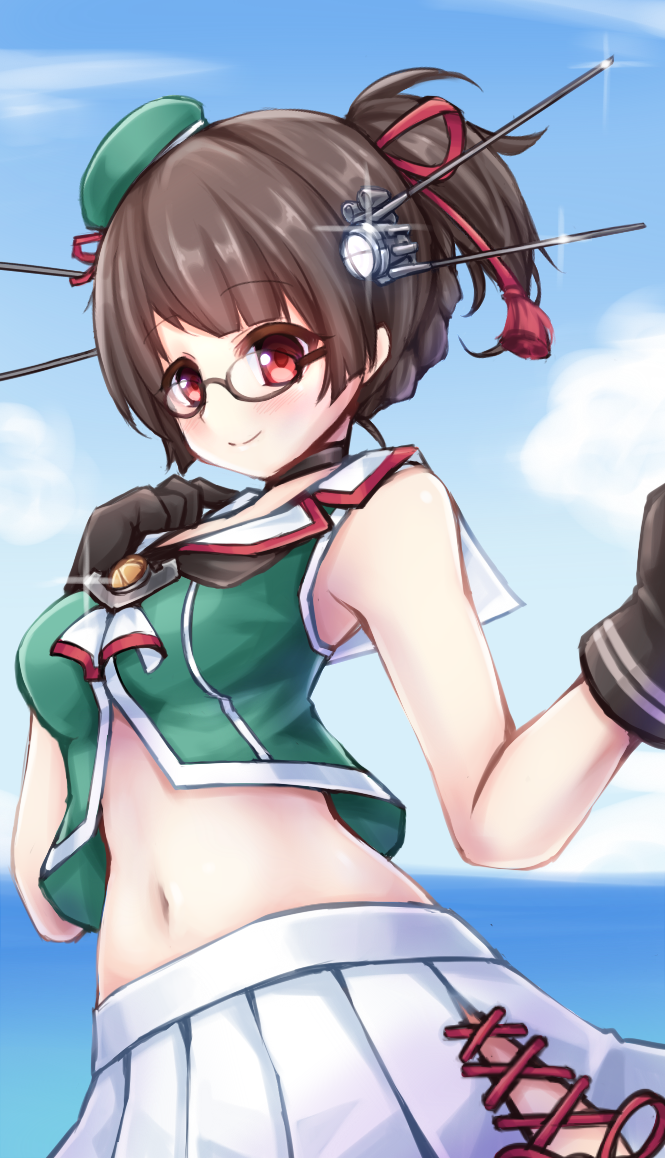 1girl alternate_hairstyle artist_request beret black_gloves black_hair choker choukai_(kantai_collection) commentary_request glasses gloves hat kantai_collection kimi_no_na_wa midriff ponytail red_eyes remodel_(kantai_collection)