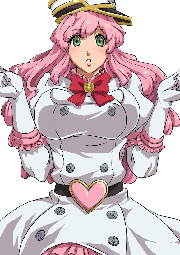 1girl :o anime_coloring badge belt bleach blush bow bowtie breasts brooch cowboy_shot double-breasted dress frills gloves green_eyes hat heart jewelry large_breasts long_hair looking_at_viewer meninas_mcallon military military_uniform namakemono_(u446644k) parted_lips pink_hair red_bow red_bowtie red_neckwear simple_background solo uniform wandenreich white_background white_dress white_gloves