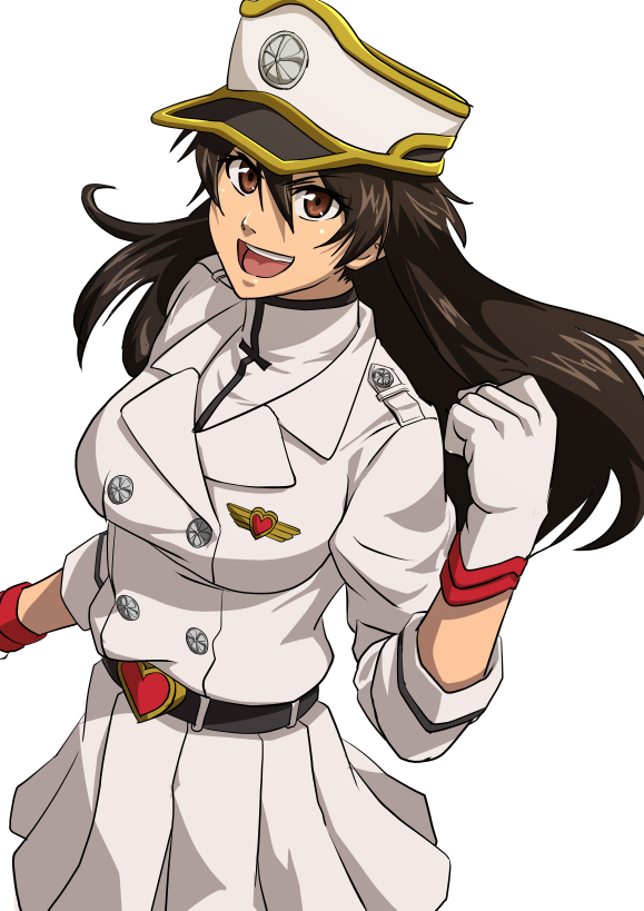 &gt;:d 1girl :d anime_coloring bambietta_basterbine belt black_hair bleach breasts brown_eyes clenched_hand gloves hair_between_eyes hat heart long_hair looking_at_viewer medium_breasts military military_uniform namakemono_(u446644k) open_mouth peaked_cap skirt smile solo uniform wandenreich white_background white_gloves white_skirt