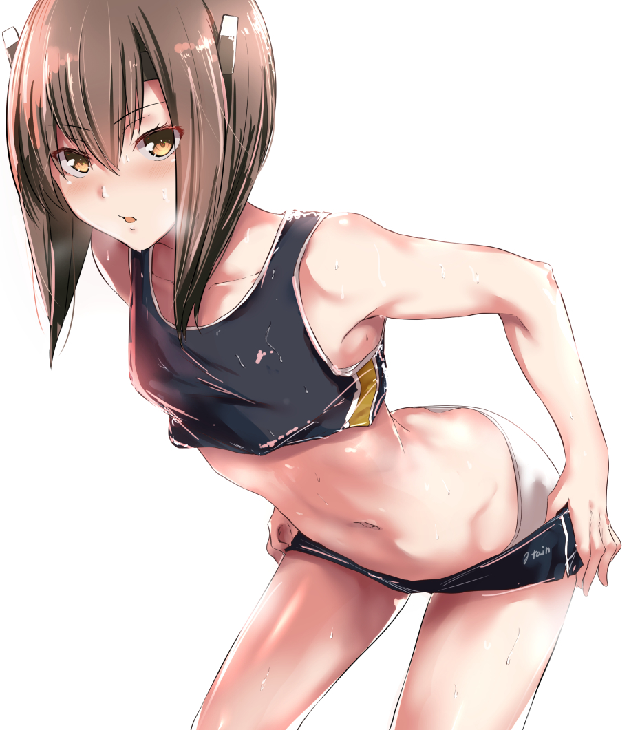 1girl ass bare_shoulders brown_eyes brown_hair butt_crack flat_chest headband headgear kantai_collection leaning_forward midriff navel panties short_hair shorts shorts_pull simple_background sleeveless solo sports_bra sweat sweating tai_(nazutai) taihou_(kantai_collection) underwear wet_clothes white_background white_panties