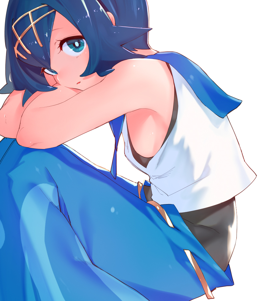 1girl bangs bare_arms blouse blue_eyes blue_hair blue_pants breasts crop_top crop_top_overhang eyelashes from_side hair_ornament head_rest knees_up looking_at_viewer pants parted_lips pokemon pokemon_(game) pokemon_sm ryokucha_(i_cobalt) sailor_collar short_hair sideboob simple_background sitting sleeveless small_breasts solo suiren_(pokemon) undershirt white_background white_blouse