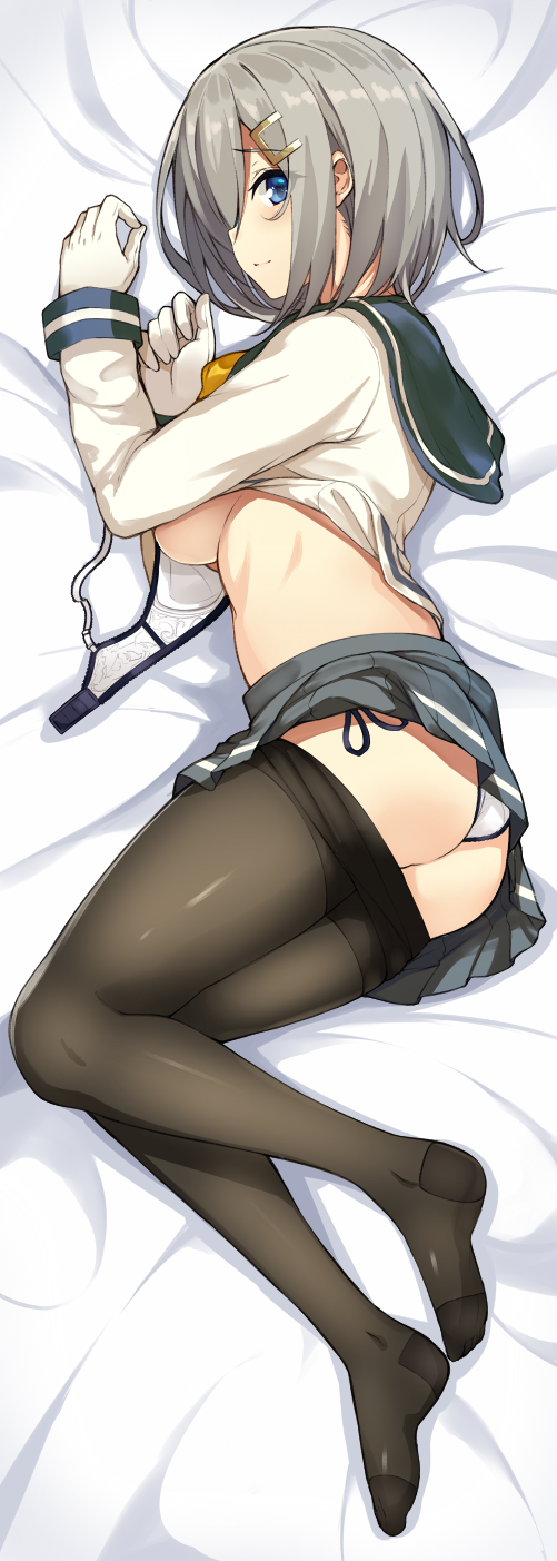 1girl ass black_legwear blue_eyes bra bra_removed breasts from_side gloves hair_over_one_eye hamakaze_(kantai_collection) highres kantai_collection large_breasts looking_at_viewer lying no_shoes on_side open_bra panties pantyhose pantyhose_pull profile school_uniform serafuku short_hair side-tie_panties silver_hair smile solo sukebewe under_boob underwear white_gloves white_panties