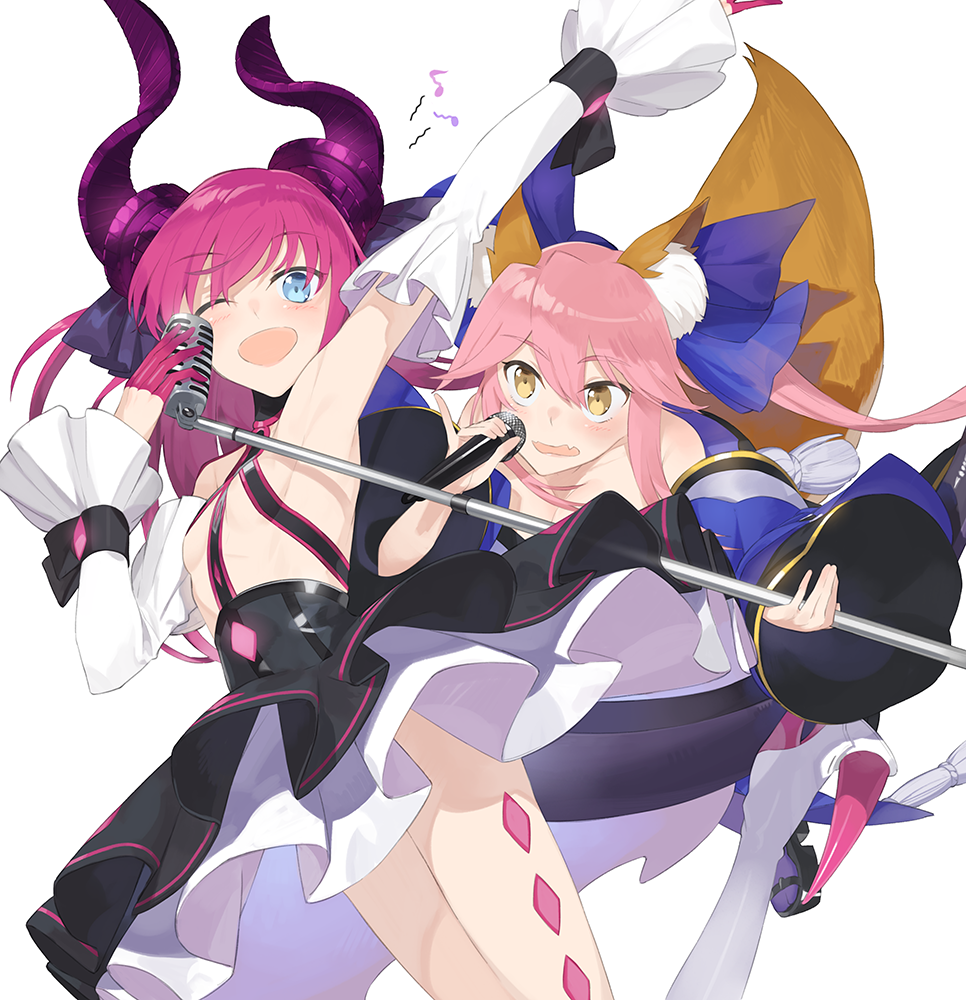 2girls ;d animal_ears armor asymmetrical_horns blue_eyes blue_legwear blush bow breasts corset detached_sleeves dress elizabeth_bathory_(fate) elizabeth_bathory_(fate)_(all) fate/extra fate/extra_ccc fate/grand_order fate_(series) fox_ears fox_tail hair_bow hair_ribbon hayashi_kewi horns idol japanese_clothes long_hair looking_at_viewer microphone microphone_stand multiple_girls music one_eye_closed open_mouth pantyhose pink_hair plaid plaid_skirt pointy_ears ribbon singing skirt small_breasts smile tail tamamo_(fate)_(all) tamamo_no_mae_(fate) two_side_up vintage_microphone wavy_mouth yellow_eyes