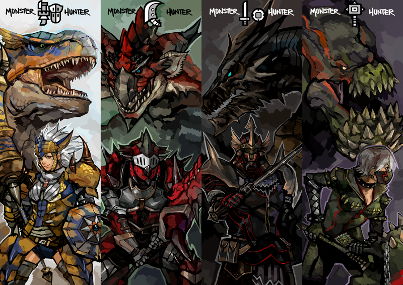 2boys 2girls armor belt belt_pouch blue_eyes breastplate copyright_name deviljho deviljho_(armor) dragon full_armor gauntlets greatsword greaves green_eyes grey_hair gunlance hammer helmet holding holding_shield holding_sword holding_weapon huge_weapon knight kushala_daora kushala_daora_(armor) looking_at_viewer looking_away mask monster_hunter multiple_boys multiple_girls pauldrons rathalos rathalos_(armor) sharp_teeth shield smile snout spikes sword teeth tigrex tigrex_(armor) weapon wyvern yellow_eyes zuqling