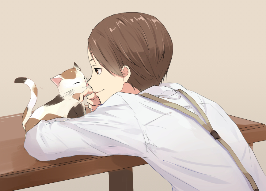 1boy ^_^ animal arm_support beige_background brown_eyes brown_hair cat character_request closed_eyes closed_mouth joker_game licking long_sleeves nekomaaro petting profile shirt simple_background smile suspenders tongue tongue_out upper_body whiskers white_shirt wooden_table
