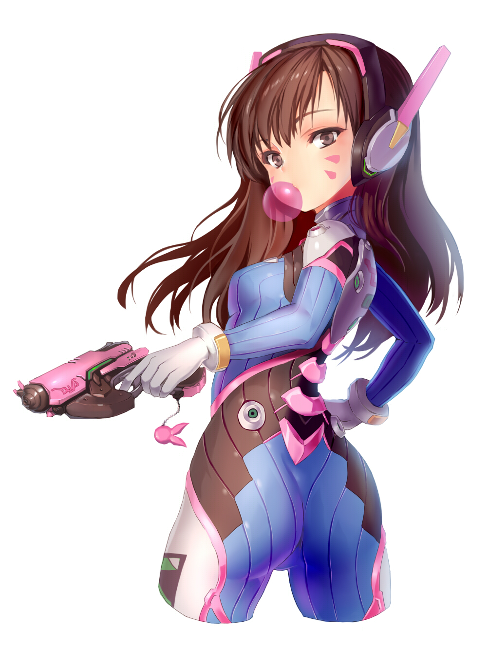 1girl acronym ass bangs bodysuit boots bracer breasts brown_eyes brown_hair bubble_blowing bubblegum character_name charm_(object) cowboy_shot cropped_legs d.va_(overwatch) ehart facepaint facial_mark finger_on_trigger from_behind gloves gum gun hand_up handgun headphones highres holding holding_gun holding_weapon legs_apart long_hair long_sleeves looking_back overwatch pauldrons pilot_suit ribbed_bodysuit shoulder_pads simple_background skin_tight small_breasts solo standing thigh-highs thigh_boots thigh_strap turtleneck weapon whisker_markings white_background white_boots white_gloves