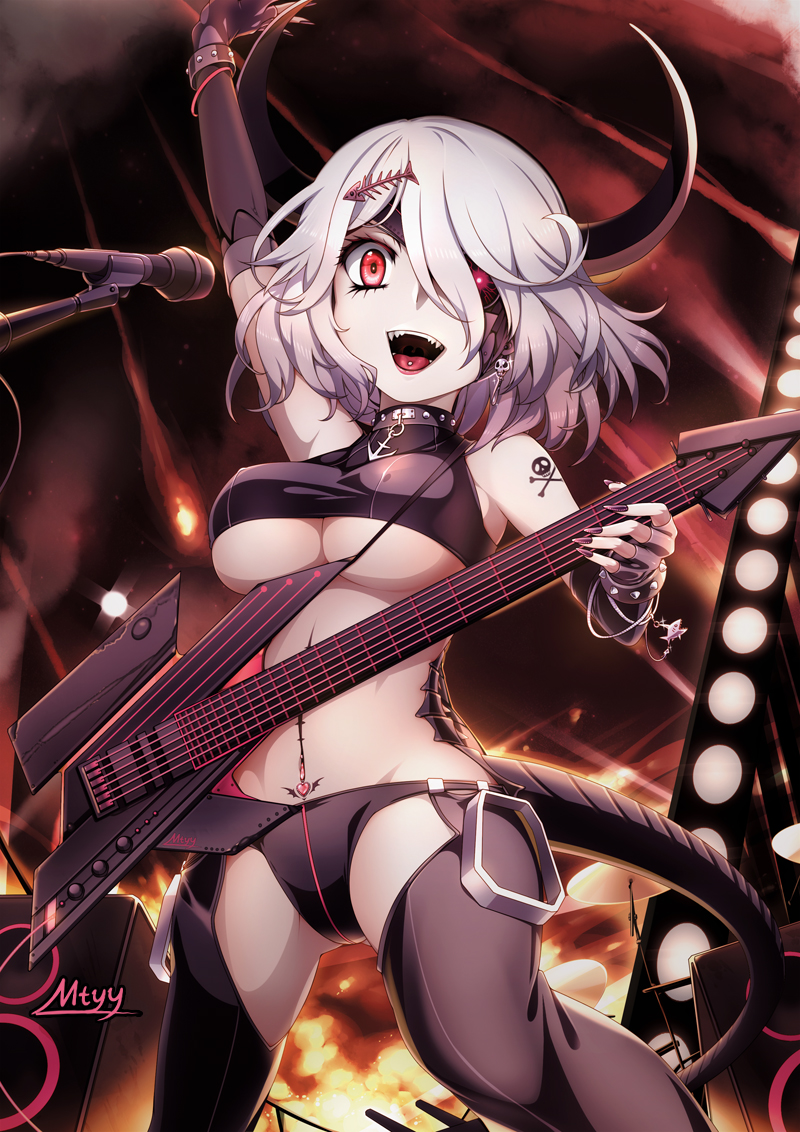 1girl :d arm_up bare_shoulders black_gloves black_nails black_panties black_pants breasts cowboy_shot crop_top crop_top_overhang earrings elbow_gloves electric_guitar erect_nipples eyelashes fangs fingerless_gloves fish_bone gloves groin guitar hair_ornament hair_over_one_eye heavy_cruiser_iota_class horns instrument jewelry looking_at_viewer medium_breasts microphone midriff mtyy nail_polish navel open_mouth pale_skin panties pants piercing pubic_tattoo red_eyes sharp_teeth shinkaisei-kan silver_hair skull_and_crossbones skull_earrings smile solo stomach studded_bracelet tail tattoo teeth tongue_piercing under_boob underwear white_background zhan_jian_shao_nyu