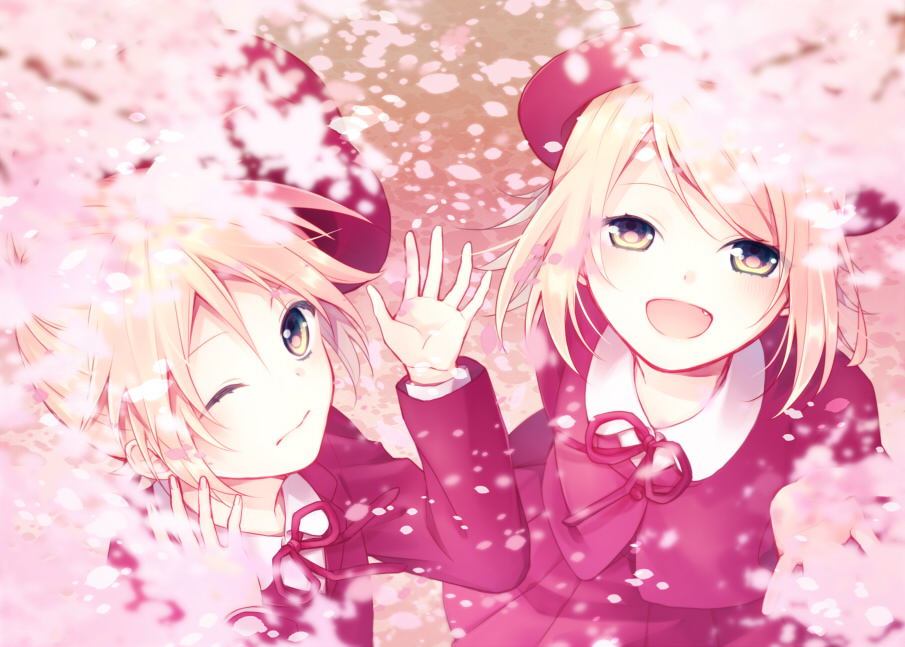1boy 1girl blazer blonde_hair brother_and_sister cherry_blossoms fang from_above hat hat_removed headwear_removed hinata_(princess_apple) jacket kagamine_len kagamine_rin long_sleeves looking_at_viewer looking_up neck_ribbon one_eye_closed open_mouth petals pleated_skirt red_hat red_jacket red_ribbon red_skirt ribbon short_hair siblings skirt smile twins vocaloid yellow_eyes
