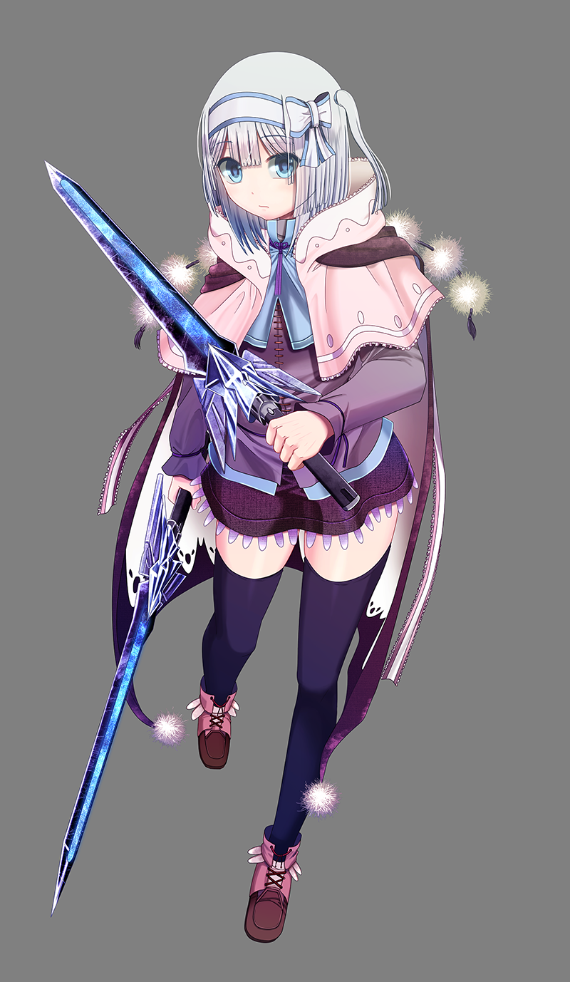 1girl black_legwear breasts capelet dual_wielding eyebrows eyebrows_visible_through_hair grey_background grey_hair hair_ribbon highres holding holding_sword holding_weapon one_side_up original ribbon short_hair short_haur simple_background solo sword thigh-highs weapon white_ribbon windfeathers zettai_ryouiki