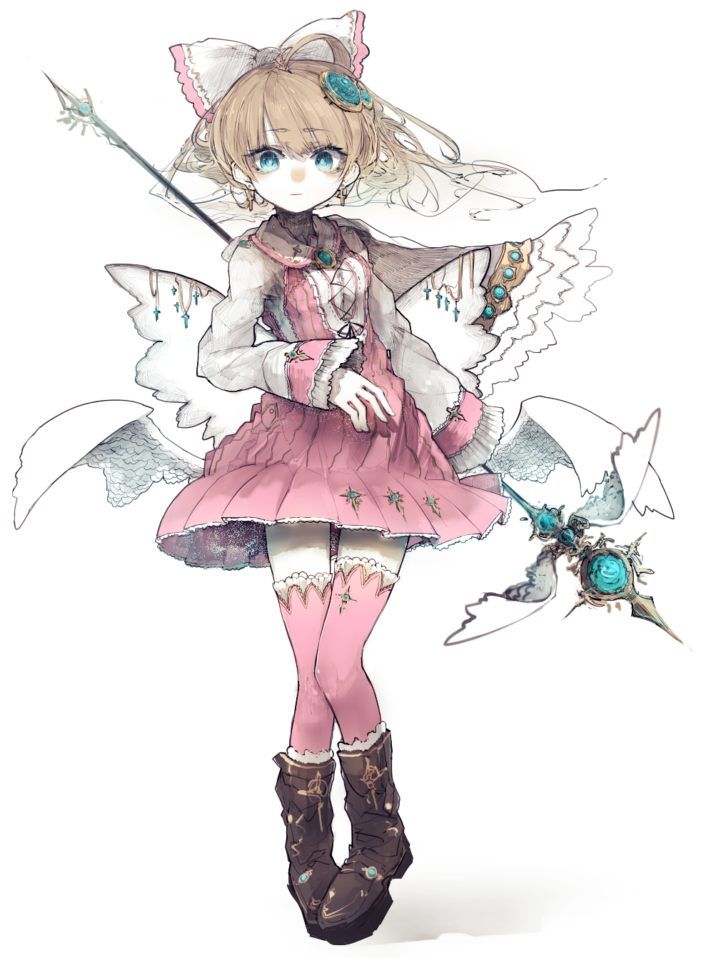 1girl aqua_eyes blonde_hair boots bow cross dress expressionless eyes_visible_through_hair full_body hair_bow hair_ornament highres knees_together lace lace-trimmed_thighhighs legs_together original pale_color pink_legwear riuichi simple_background sketch solo staff standing thigh-highs weapon white_background wide_sleeves wings