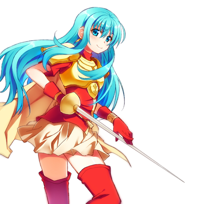 1girl aqua_hair armor blush boots bracelet breastplate cape earrings eirika female fire_emblem fire_emblem:_seima_no_kouseki gloves hair_between_eyes highres holding holding_sword holding_weapon jewelry long_hair looking_at_viewer looking_back nintendo rapier red_boots red_clothes red_gloves shiny shiny_hair shoulder_armor simple_background skirt smile solo sword thigh_boots weapon white_background white_cape white_skirt yuki_(sumaburalove)