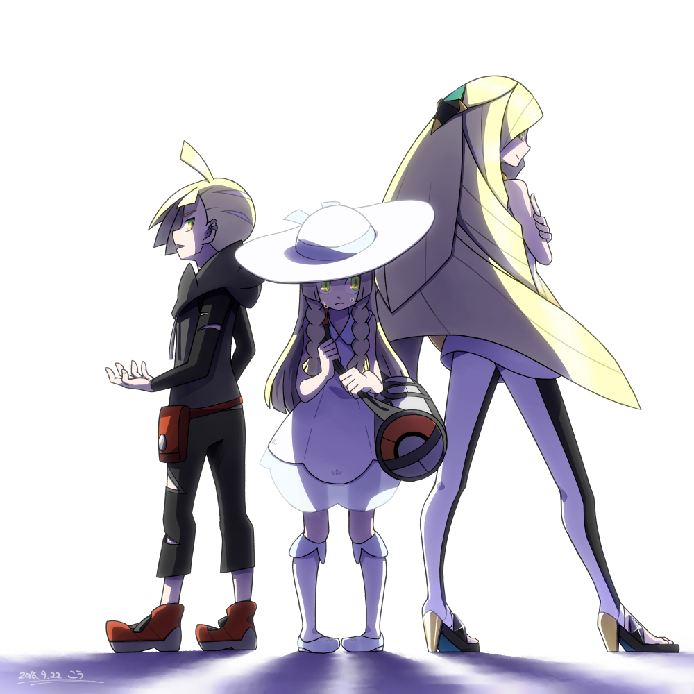 1boy 2016 2girls bag black_jacket blonde_hair brother_and_sister dated dress earrings family gem gladio_(pokemon) green_eyes hair_ornament handbag hat hood hood_down hooded_jacket jacket jewelry kou_osmtaka leggings lillie_(pokemon) long_hair long_sleeves lusamine_(pokemon) mother_and_daughter mother_and_son multiple_girls open_mouth pigeon-toed pokemon pokemon_(game) pokemon_sm sandals shoes short_dress short_hair siblings sleeveless sleeveless_dress sun_hat sweat very_long_hair white_hat white_shoes