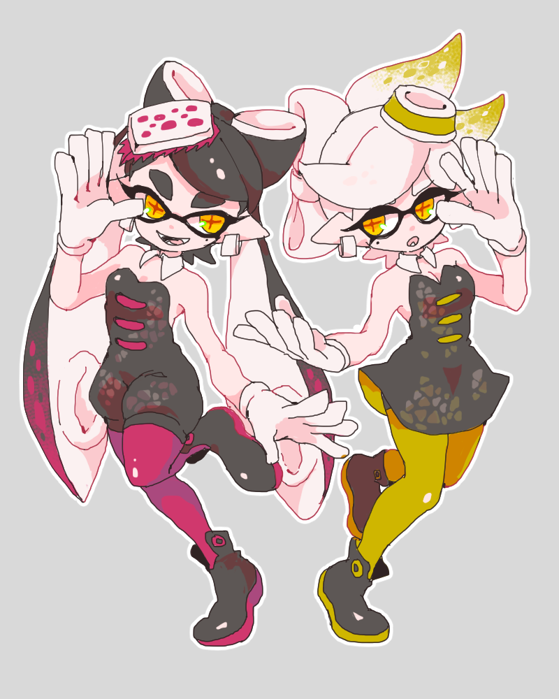 +_+ 2girls aori_(splatoon) black_hair boots bow chips-k cousins detached_collar domino_mask dress earrings eyebrows eyelashes fangs food food_on_head full_body gloves hair_bow hotaru_(splatoon) idol jewelry leg_up looking_at_another mask mole mole_under_eye multiple_girls object_on_head outline pink_legwear pointy_ears splatoon strapless strapless_dress sushi tentacle_hair thick_eyebrows white_gloves white_hair