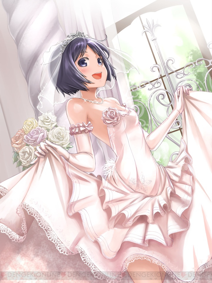 1girl bare_shoulders blue_eyes blue_hair bouquet breasts bridal_veil cleavage cowboy_shot curtains dress elbow_gloves flower frills gloves isara_gunther jewelry looking_at_viewer necklace official_art open-back_dress open_mouth pearl_necklace senjou_no_valkyria senjou_no_valkyria_1 short_hair skirt_hold smile solo sunlight tea_(nakenashi) tiara veil wedding_dress window