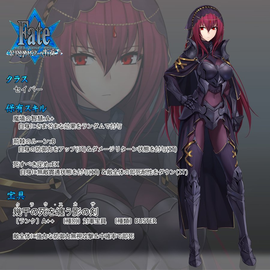 1girl alternate_costume armor breasts fate/empire_of_dirt fate/grand_order fate_(series) full_body hand_on_hip large_breasts long_hair purple_hair red_eyes scathach_(fate/grand_order) shijiu_(adamhutt) solo translation_request