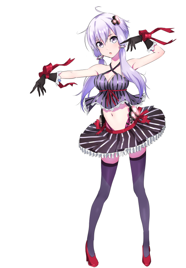 1girl :o domo1220 gloves hair_ornament halterneck long_hair looking_at_viewer low_twintails midriff navel purple_hair ribbon skirt solo striped thigh-highs twintails vertical_stripes violet_eyes vocaloid voiceroid white_background yuzuki_yukari