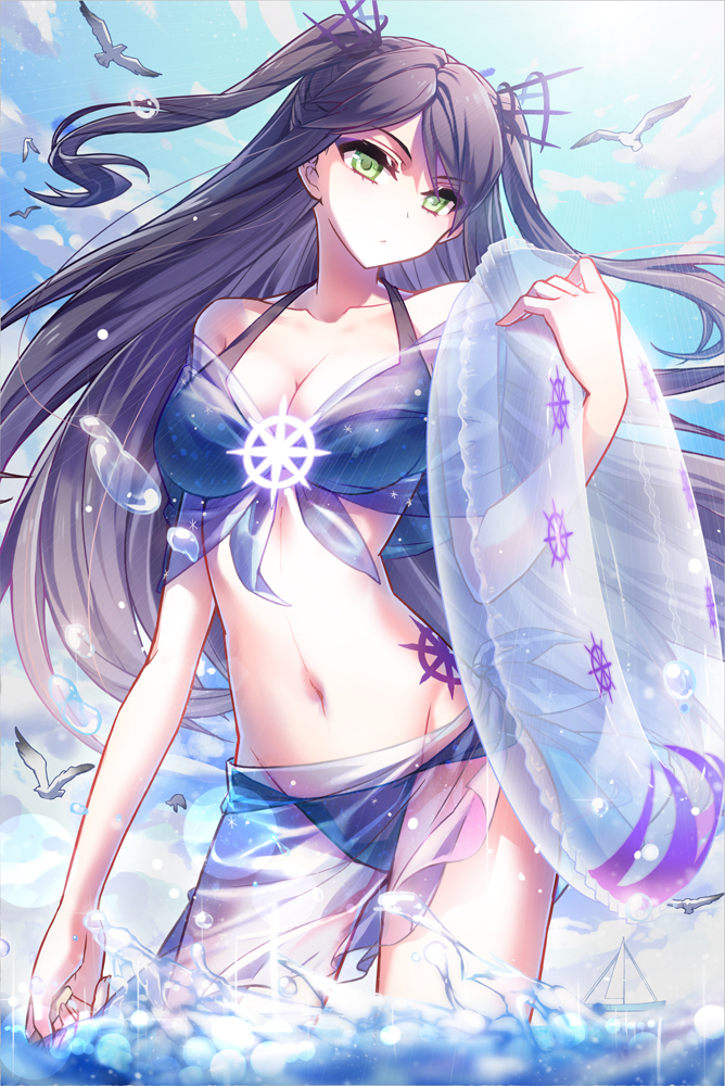 1girl bare_shoulders bikini bird bloodline blue_bikini blue_sky boat breasts cleavage clouds daisy_(bloodline) day green_eyes groin innertube iotower long_hair looking_at_viewer midriff navel ocean outdoors purple_hair sailboat seagull see-through sky solo standing swimsuit very_long_hair wading watercraft