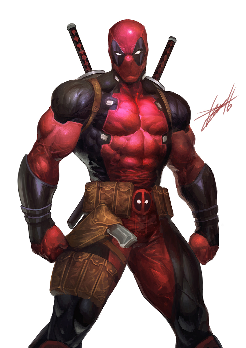 1boy abs clenched_hands deadpool gun heewon_lee highres holster katana male_focus marvel muscle pouch serious shiny shiny_clothes signature solo superhero sword weapon
