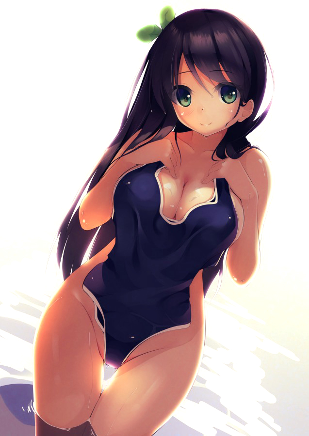 1girl bangs black_hair blush breasts cleavage clothes_in_front covering green_eyes hair_ornament hips large_breasts long_hair looking_at_viewer neko_neko_koneko nude nude_cover one-piece_swimsuit original outdoors partially_submerged school_swimsuit shiny shiny_skin smile solo swimsuit thighs wading water wet