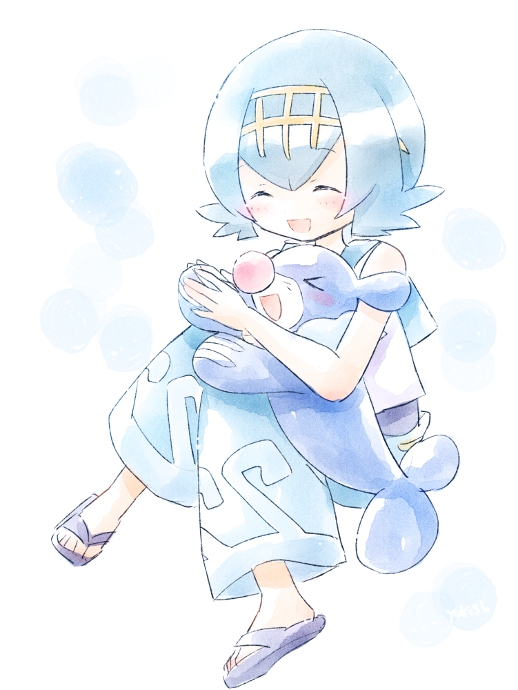 1girl blue_hair closed_eyes female full_body hairband npc_trainer pokemon pokemon_(creature) pokemon_(game) pokemon_sm popplio short_hair solo suiren_(pokemon) trial_captain white_background yuki56