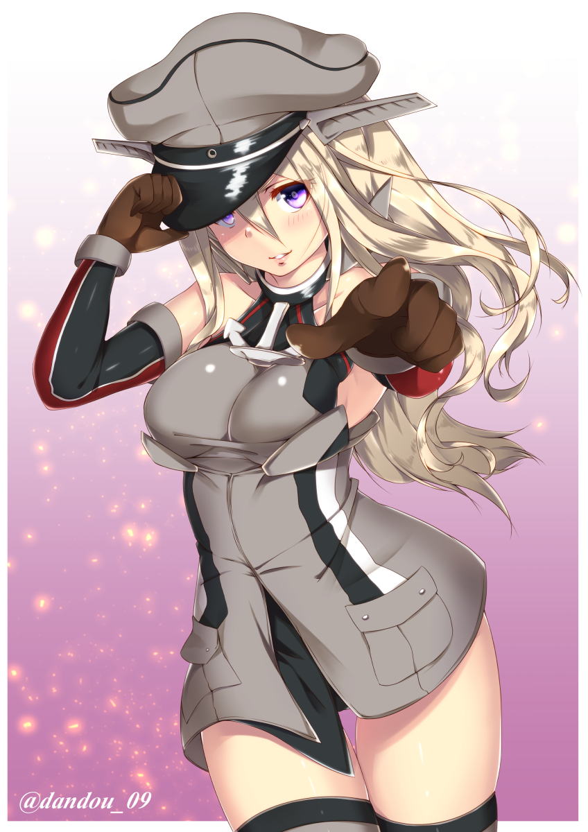 1girl bare_shoulders bismarck_(kantai_collection) black_panties blonde_hair brown_gloves dandou detached_sleeves dress gloves hair_between_eyes hat highres kantai_collection long_hair military military_hat military_uniform panties parted_lips peaked_cap pointing pointing_at_viewer solo taut_clothes thigh-highs thigh_gap underwear uniform violet_eyes