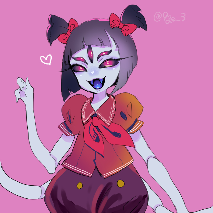 1girl black_hair extra_arms extra_eyes fangs heart insect_girl monster_girl muffet namako_(akisamesyuuta) pink_background puffy_short_sleeves puffy_sleeves purple_skin short_sleeves simple_background smile solo spider_girl twitter_username two_side_up undertale