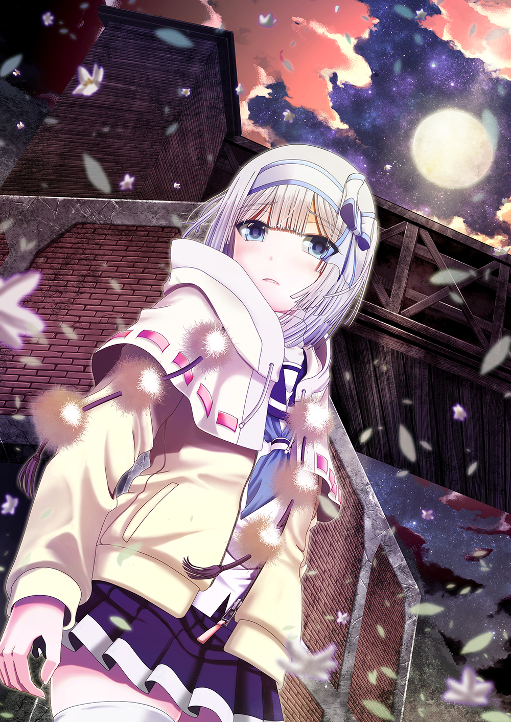 1girl blue_eyes blue_skirt capelet eyebrows eyebrows_visible_through_hair from_below hair_ribbon highres moon original outdoors pleated_skirt ribbon short_hair silver_hair skirt solo thigh-highs white_legwear white_ribbon windfeathers