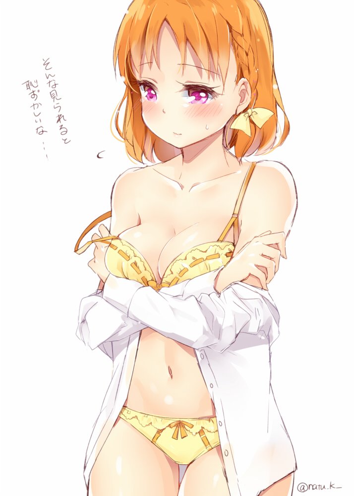 1girl bangs blush bow bra braid breasts cleavage clothes_down crossed_arms embarrassed flying_sweatdrops hair_bow jpeg_artifacts love_live! love_live!_sunshine!! medium_breasts natsu_(natume0504) navel open_clothes open_shirt orange_hair panties red_eyes shirt side_braid simple_background solo strap_slip takami_chika twitter_username underwear white_background white_shirt yellow_bow yellow_bra yellow_panties