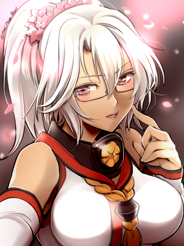 1girl alternate_hairstyle bare_shoulders blush breasts cherry_blossoms cosplay dark_skin detached_sleeves eyebrows eyebrows_visible_through_hair glasses hair_between_eyes kantai_collection large_breasts looking_at_viewer musashi_(kantai_collection) ponytail primary_stage red_eyes semi-rimless_glasses solo twitter_username white_hair yamato_(kantai_collection) yamato_(kantai_collection)_(cosplay)