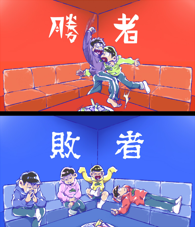 6+boys bowl_cut brothers comic hood hoodie indoors kounaien male_focus matsuno_choromatsu matsuno_ichimatsu matsuno_juushimatsu matsuno_karamatsu matsuno_osomatsu matsuno_todomatsu messy_hair multiple_boys osomatsu-kun osomatsu-san sextuplets siblings sleeves_past_wrists translated