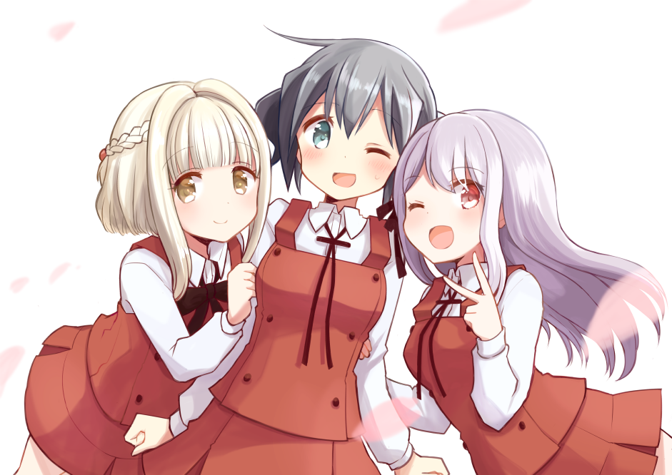 3girls ;d aqua_eyes arm_grab black_bow black_bowtie blonde_hair blush bolo_tie bow bowtie braid clenched_hands closed_mouth collared_shirt eyebrows eyebrows_visible_through_hair girl_sandwich grey_hair hair_between_eyes hidamari_sketch lavender_hair leaning_forward long_hair long_sleeves looking_at_viewer matsuri_(hidamari_sketch) multiple_girls nazuna nazuna_(hidamari_sketch) nori nori_(hidamari_sketch) one_eye_closed open_mouth petals pleated_skirt quro_(black_river) red_eyes red_skirt sandwiched shirt short_hair_with_long_locks short_twintails skirt smile sweatdrop twintails v vest white_background white_shirt wing_collar yellow_eyes