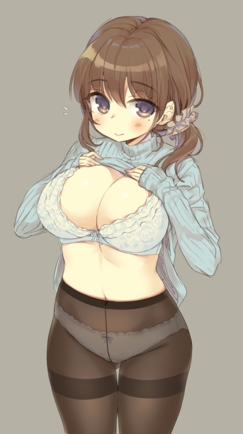 1girl black_legwear blush bra breasts brown_eyes brown_hair cleavage clothes_lift cowboy_shot crotch_seam eyebrows eyebrows_visible_through_hair grey_background hair_ornament hair_scrunchie hym9594 large_breasts lifted_by_self long_hair long_sleeves low_ponytail mole mole_under_eye navel original panties panties_under_pantyhose pantyhose ribbed_sweater scrunchie side_ponytail simple_background sleeves_past_wrists smile solo sweater sweater_lift thighband_pantyhose turtleneck underwear white_bra white_panties