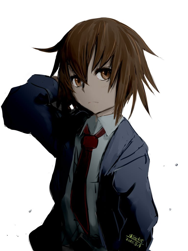 1girl 2016 4suke arm_up artist_name bangs black_jacket blazer brown_eyes brown_hair collared_shirt dated frown hair_between_eyes jacket kantai_collection long_sleeves looking_at_viewer necktie open_clothes open_jacket red_necktie shirt short_hair simple_background solo upper_body wakaba_(kantai_collection) white_background white_shirt
