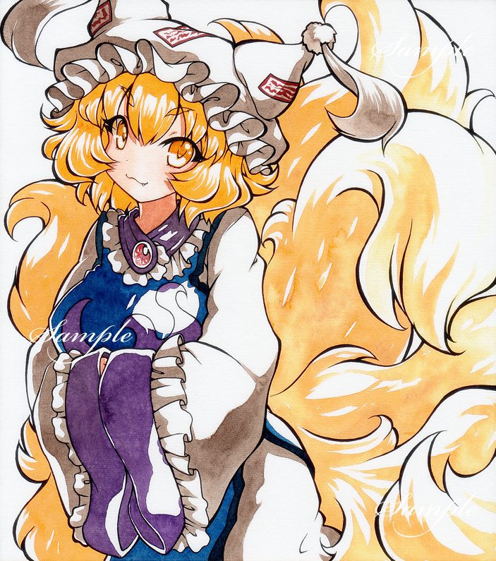 :3 blonde_hair dress fang fox_tail frills hands_in_sleeves hat kitsune long_sleeves looking_at_viewer multiple_tails pillow_hat qqqrinkappp sleeves_together tabard tail tassel touhou traditional_media watercolor_(medium) white_dress wide_sleeves yakumo_ran yellow_eyes