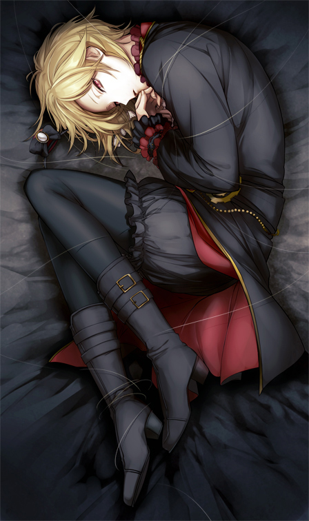 1boy beads bed_sheet belt_boots black_boots black_bow black_coat black_legwear blonde_hair bloomers boots bow ensemble_stars! fetal_position frilled_sleeves frills full_body joka_(night_gate) long_sleeves looking_at_viewer lying male_focus nito_nazuna on_bed on_side pale_skin pantyhose parted_lips red_eyes solo string underwear