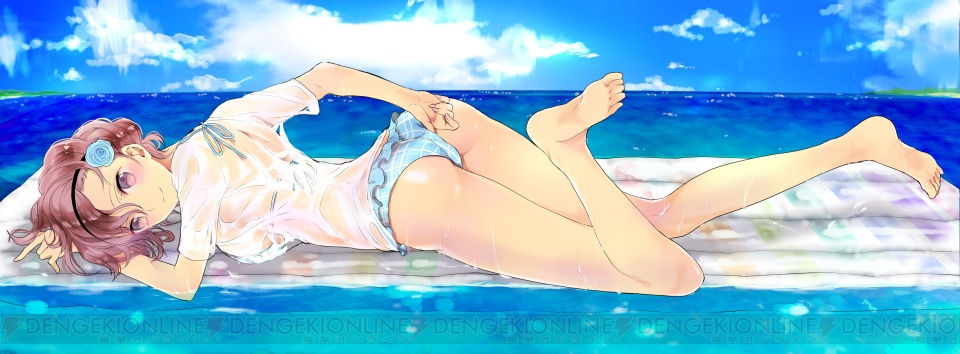 1girl adjusting_clothes adjusting_panties ass barefoot bikini breasts clouds cloudy_sky coleen_celsius flower hair_flower hair_ornament hairband looking_at_viewer lying ocean official_art on_stomach panties pink_eyes pink_hair plaid plaid_bikini senjou_no_valkyria senjou_no_valkyria_2 shirt short_hair sideboob sky smile solo swimsuit underwear watanabe_yuuna wet wet_clothes wet_shirt