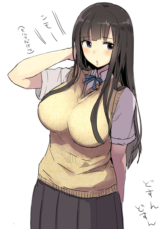1girl black_hair blush breasts kamizaki_makoto large_breasts long_hair parted_lips piaisai pleated_skirt school_uniform seiren simple_background skirt solo sweater_vest violet_eyes white_background